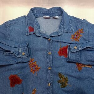 Bobbie Brooks Chambray Shirt Womens 18W/20W Blue Button Up‎ Embroidered Fall 90s
